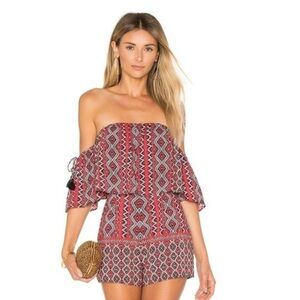 Ale By Alessandra X Revolve Gerarda Geometric Romper Off Shoulder Red Small Boho